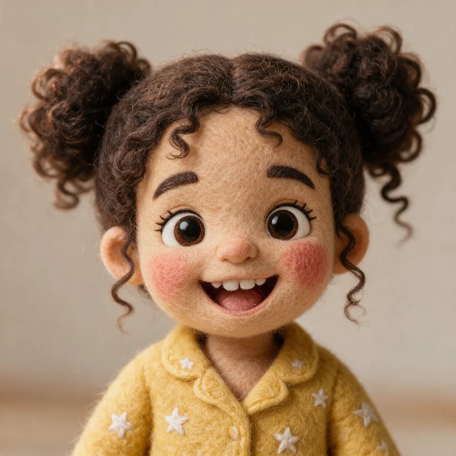 Maya drawn as a felted wool character